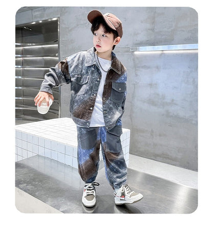 New style medium and large children's handsome street boy style denim two-piece suit