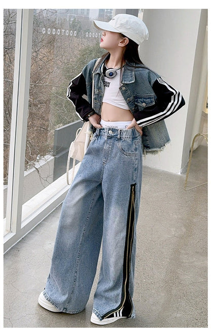 Girls denim suits new styles for middle and large children, hot girls, street style, spliced jacket and jeans two-piece suit