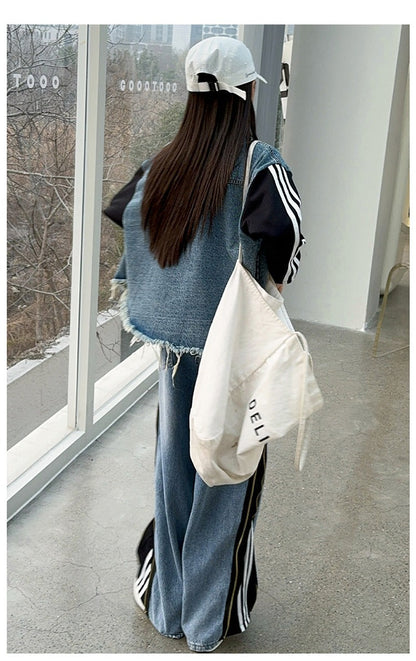 Girls denim suits new styles for middle and large children, hot girls, street style, spliced jacket and jeans two-piece suit