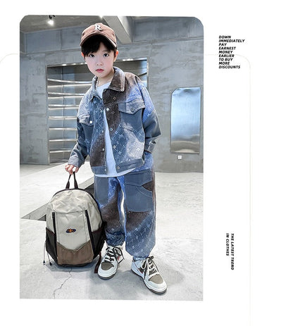 New style medium and large children's handsome street boy style denim two-piece suit