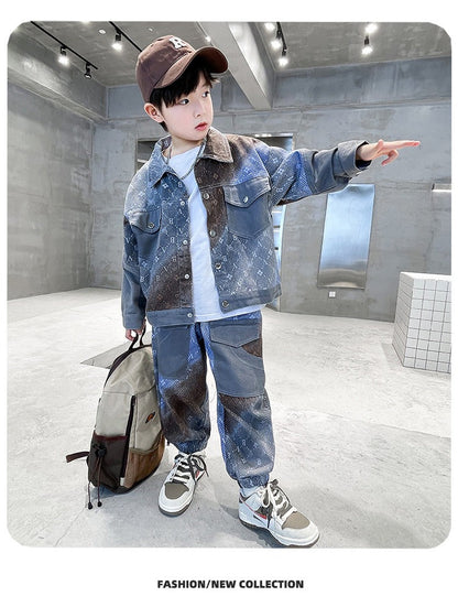 New style medium and large children's handsome street boy style denim two-piece suit