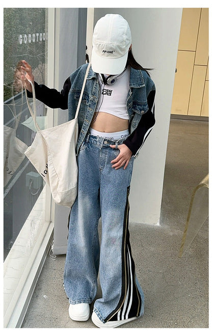 Girls denim suits new styles for middle and large children, hot girls, street style, spliced jacket and jeans two-piece suit