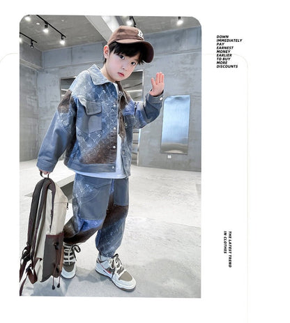 New style medium and large children's handsome street boy style denim two-piece suit