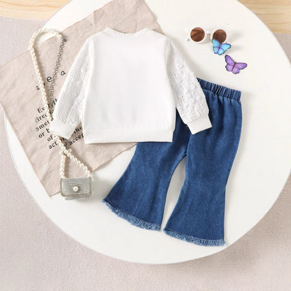 Girl suits with bow prints, long sleeves and flared pants, two-piece set