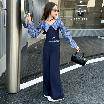 Children's splicing long-sleeved shirt college style wide-leg pants two-piece suit