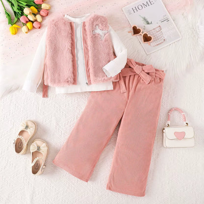 children's girls suit solid color inner wear + plush zipper vest + trousers fashionable suit