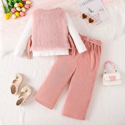 children's girls suit solid color inner wear + plush zipper vest + trousers fashionable suit