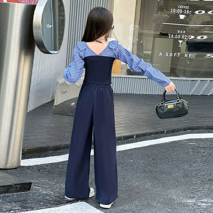 Children's splicing long-sleeved shirt college style wide-leg pants two-piece suit