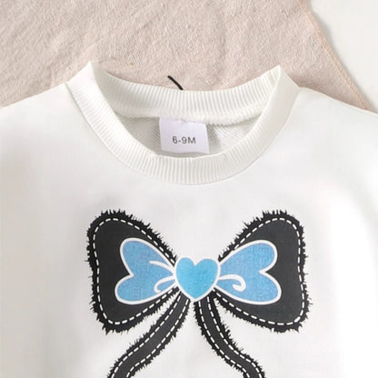 Girl suits with bow prints, long sleeves and flared pants, two-piece set