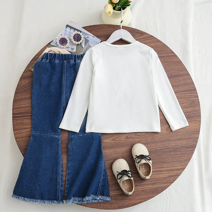 Baby long-sleeved butterfly print suit children's baby clothes denim suit