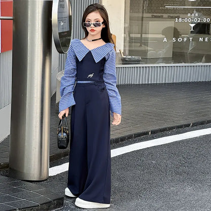 Children's splicing long-sleeved shirt college style wide-leg pants two-piece suit