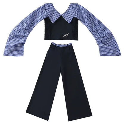 Children's splicing long-sleeved shirt college style wide-leg pants two-piece suit