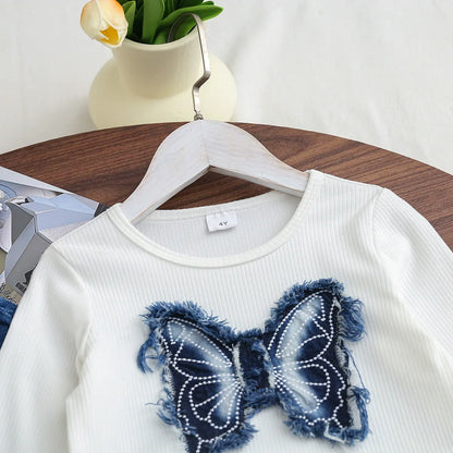 Baby long-sleeved butterfly print suit children's baby clothes denim suit