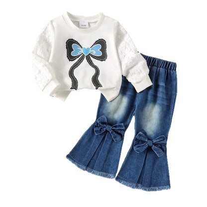 Girl suits with bow prints, long sleeves and flared pants, two-piece set