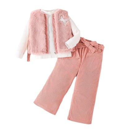 children's girls suit solid color inner wear + plush zipper vest + trousers fashionable suit