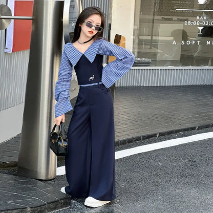 Children's splicing long-sleeved shirt college style wide-leg pants two-piece suit