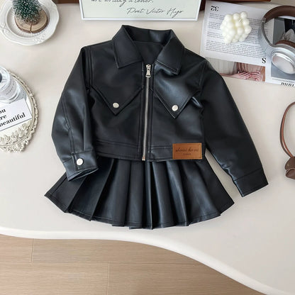 Children's leather jacket pleated skirt two-piece suit