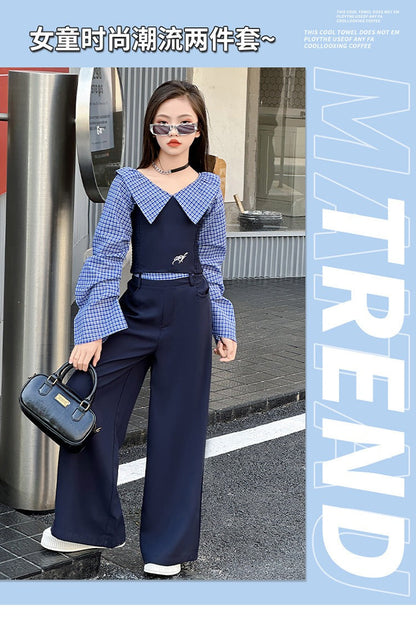 Children's splicing long-sleeved shirt college style wide-leg pants two-piece suit