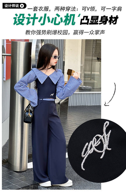 Children's splicing long-sleeved shirt college style wide-leg pants two-piece suit