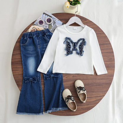 Baby long-sleeved butterfly print suit children's baby clothes denim suit