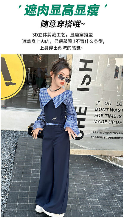 Children's splicing long-sleeved shirt college style wide-leg pants two-piece suit