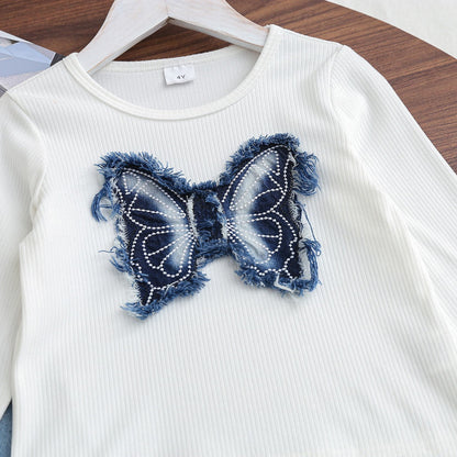 Baby long-sleeved butterfly print suit children's baby clothes denim suit