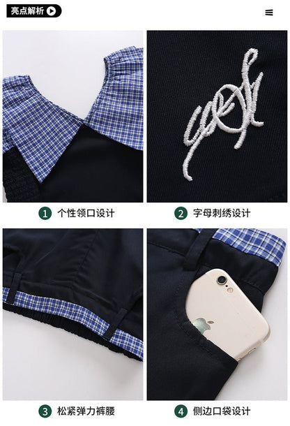 Children's splicing long-sleeved shirt college style wide-leg pants two-piece suit