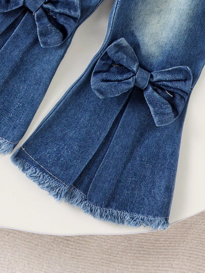 Girl suits with bow prints, long sleeves and flared pants, two-piece set