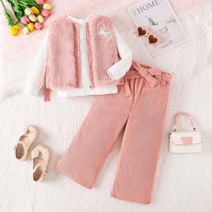 children's girls suit solid color inner wear + plush zipper vest + trousers fashionable suit