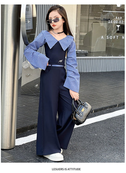 Children's splicing long-sleeved shirt college style wide-leg pants two-piece suit