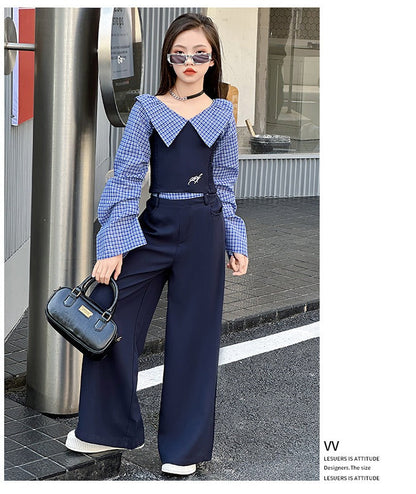 Children's splicing long-sleeved shirt college style wide-leg pants two-piece suit
