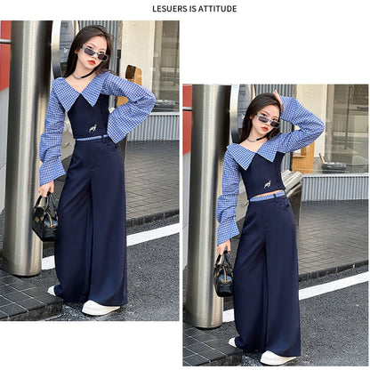 Children's splicing long-sleeved shirt college style wide-leg pants two-piece suit