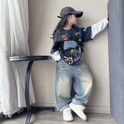 Girls' ripped jeans spring and autumn children's casual Set