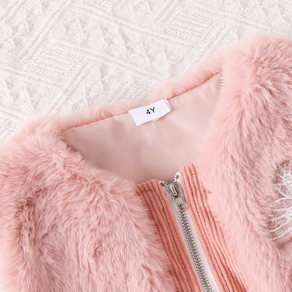 children's girls suit solid color inner wear + plush zipper vest + trousers fashionable suit