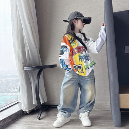 Girls' ripped jeans spring and autumn children's casual Set