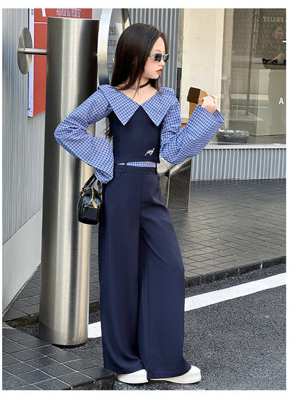 Children's splicing long-sleeved shirt college style wide-leg pants two-piece suit