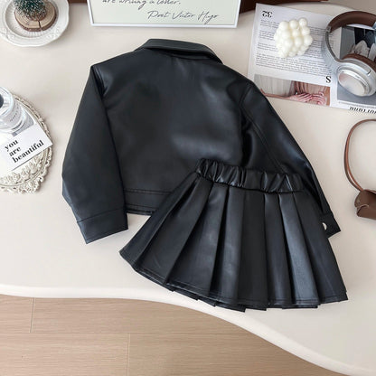 Children's leather jacket pleated skirt two-piece suit