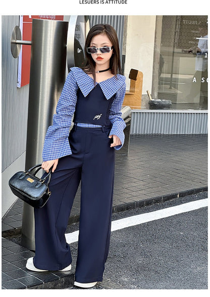 Children's splicing long-sleeved shirt college style wide-leg pants two-piece suit
