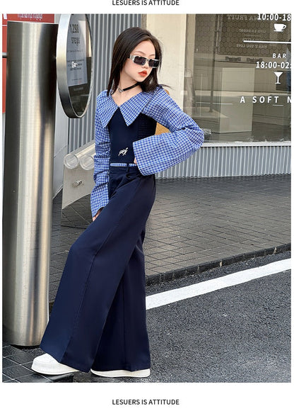 Children's splicing long-sleeved shirt college style wide-leg pants two-piece suit