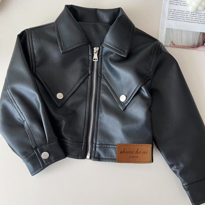 Children's leather jacket pleated skirt two-piece suit