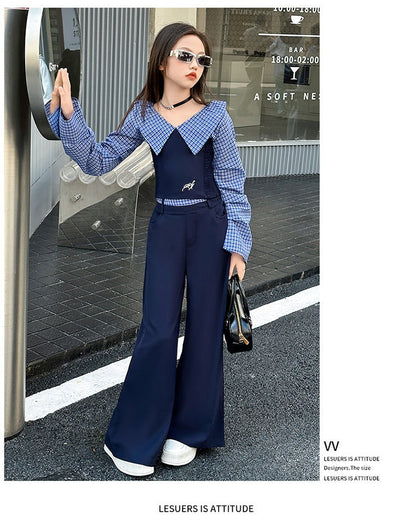 Children's splicing long-sleeved shirt college style wide-leg pants two-piece suit