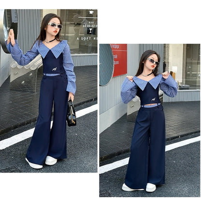 Children's splicing long-sleeved shirt college style wide-leg pants two-piece suit