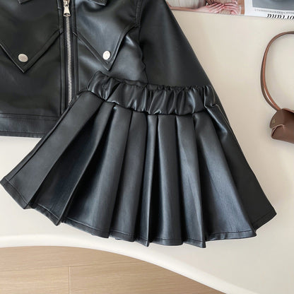 Children's leather jacket pleated skirt two-piece suit