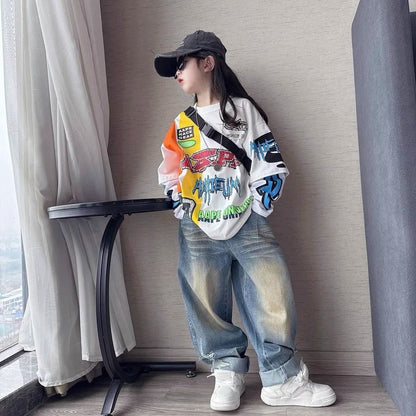 Girls' ripped jeans spring and autumn children's casual Set