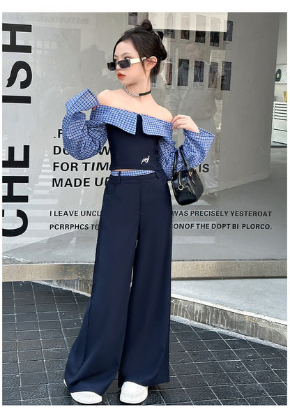 Children's splicing long-sleeved shirt college style wide-leg pants two-piece suit