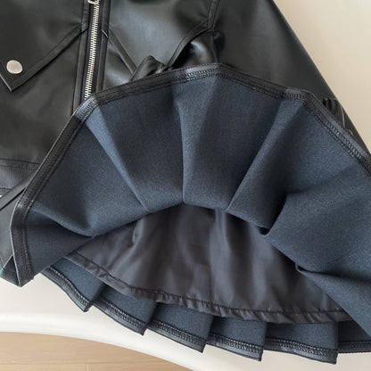 Children's leather jacket pleated skirt two-piece suit