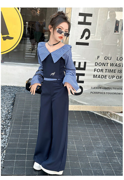 Children's splicing long-sleeved shirt college style wide-leg pants two-piece suit