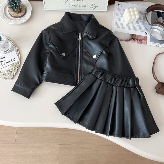 Children's leather jacket pleated skirt two-piece suit