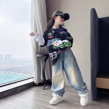 Girls' ripped jeans spring and autumn children's casual Set