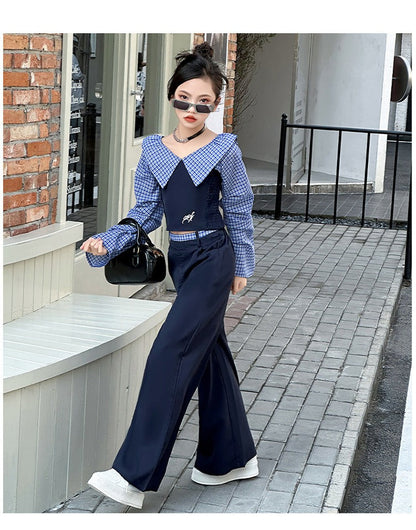 Children's splicing long-sleeved shirt college style wide-leg pants two-piece suit
